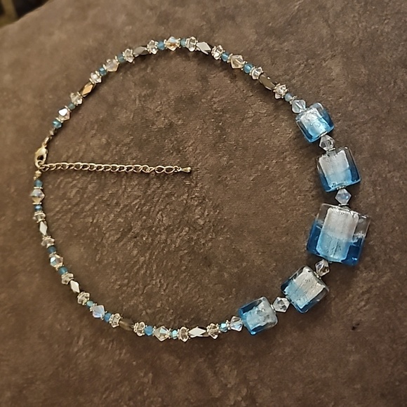Vintage Aurora Borealis Crystal Lampwork Foil Glass Square Beaded Necklace - Picture 2 of 9
